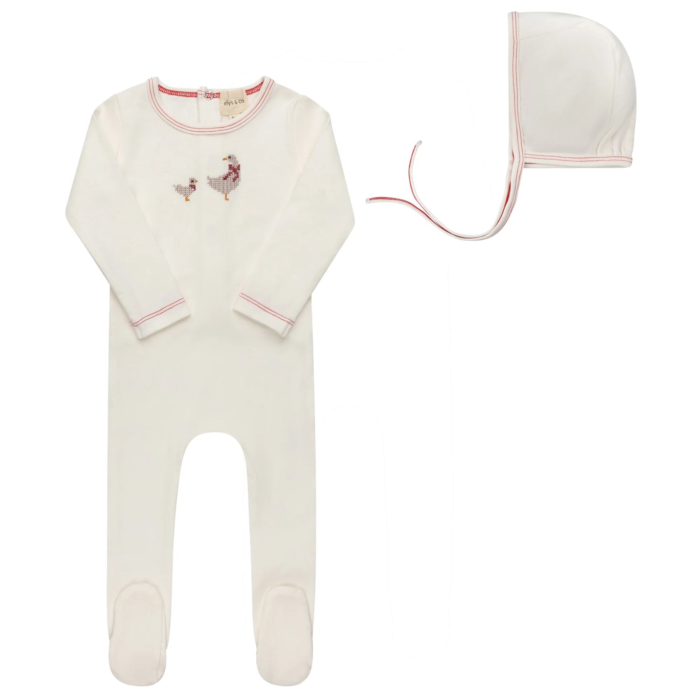 Ely's and Co Cross Stitch Duckling Collection Footie Set - Ivory Pink