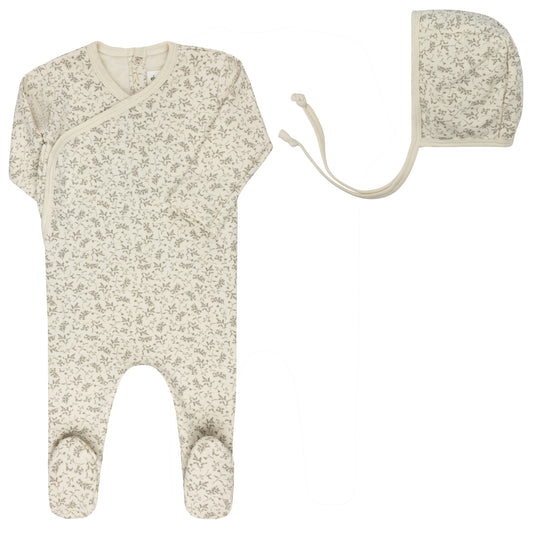 Ely's and Co Modal French Terry Collection Footie+Bonnet - Ivory/Sage