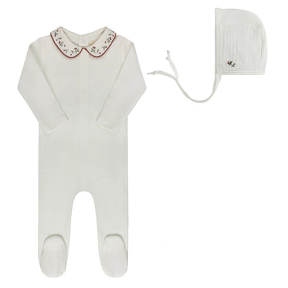 Ely's and Co Floral Embroidered Collar Collection Footie Set - Ivory Pink