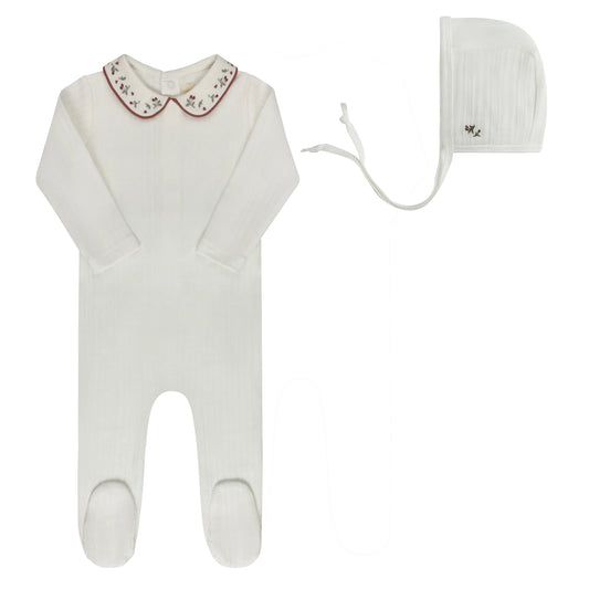 Ely's and Co Floral Embroidered Collar Collection Footie Set - Ivory Pink