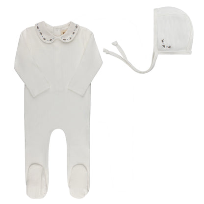 Looms Embroidered Trim Footie Set-Ivory/Blue