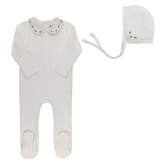 Looms Embroidered Trim Footie Set-Ivory/Blue