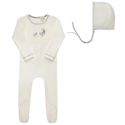 Ely's and Co Cross Stitch Duckling Collection Footie Set - Ivory Blue