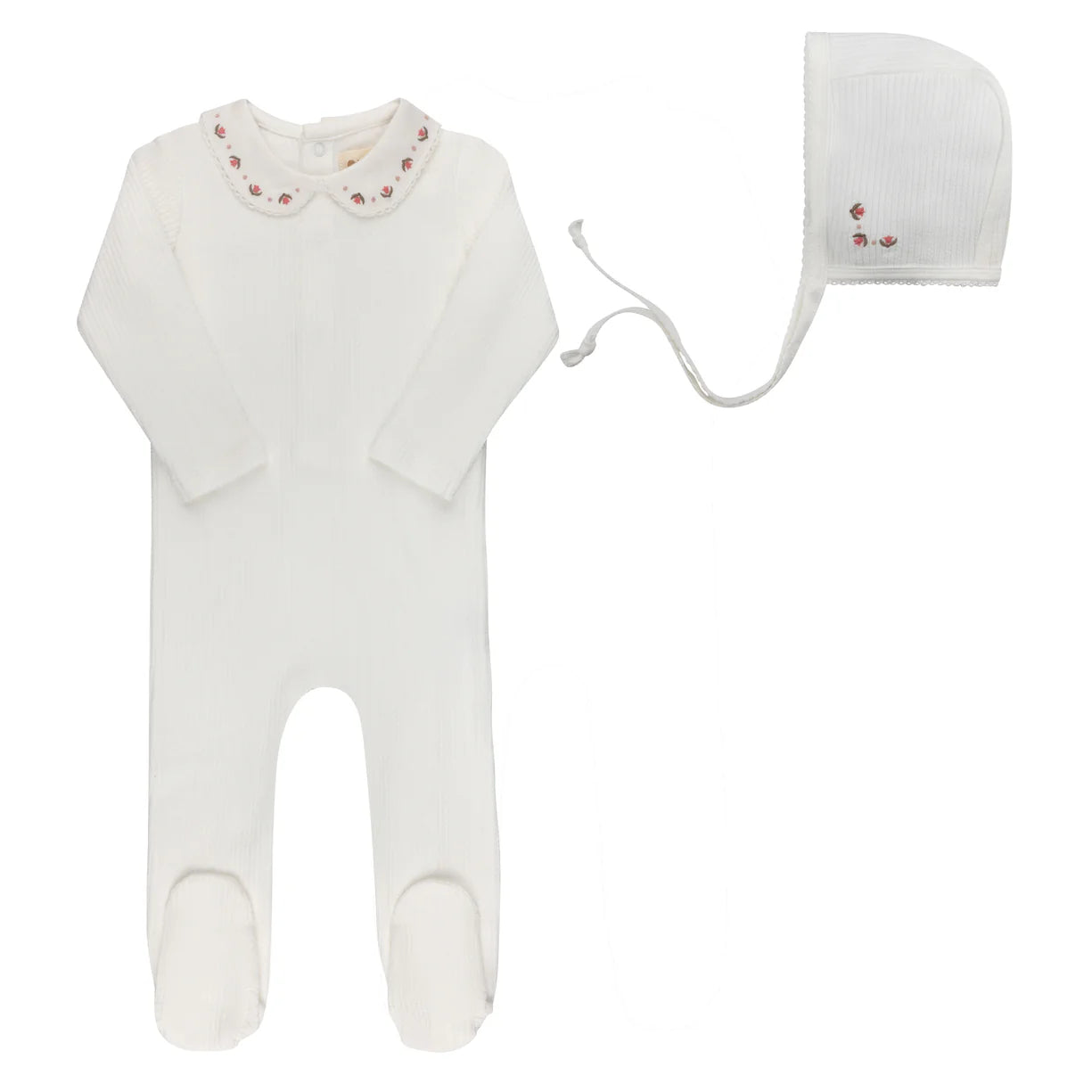Looms Embroidered Trim Footie Set-Ivory/Pink