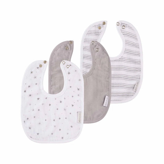 Ely's and Co 3 Pack Muslin/Terry Bibs Grey Stars/Solid/Stripes