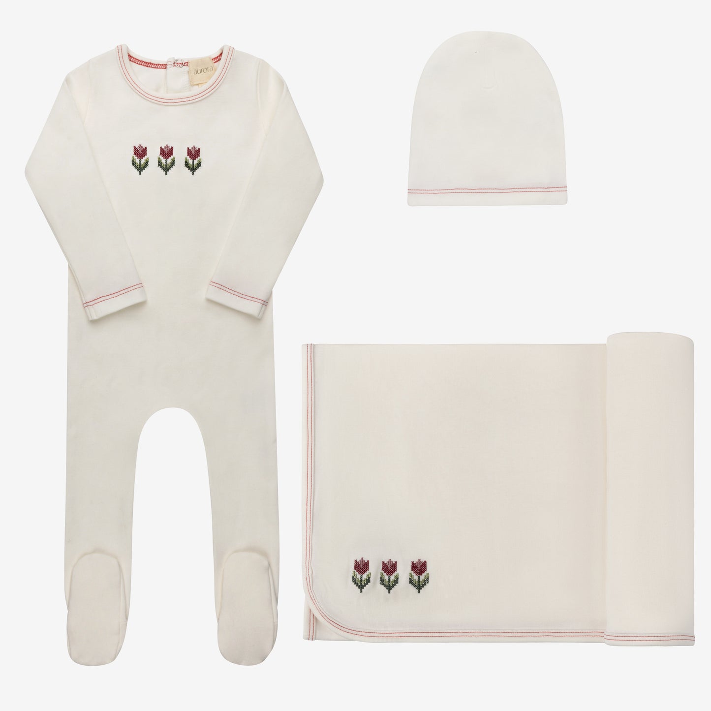 Aurora Cotton Crossstich Tulip Collection Layette Set- Ivory Pink