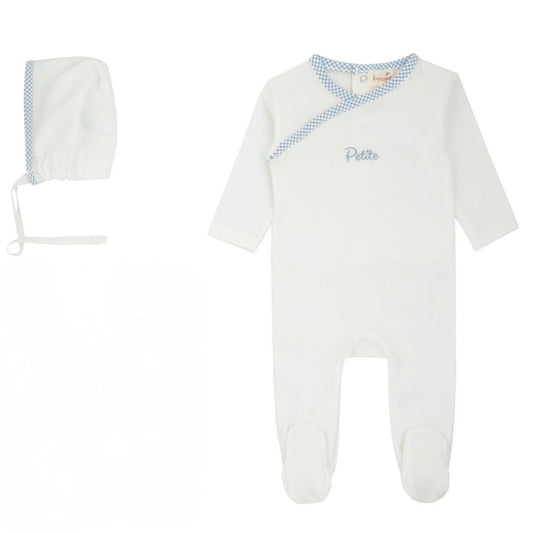 Bondoux Petite Blue Gingam Trim White Footie Set