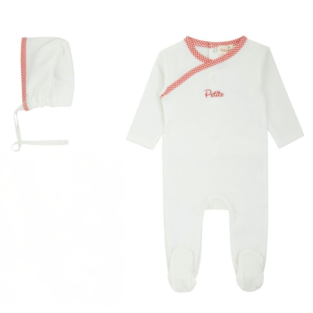 Bondoux Petite Red Gingam Trim White Footie Set
