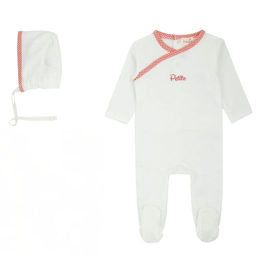 Bondoux Petite Red Gingam Trim White Footie Set