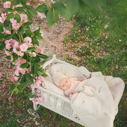 Peluche Floral Birds Embroidered Waffle Blanket - Pink