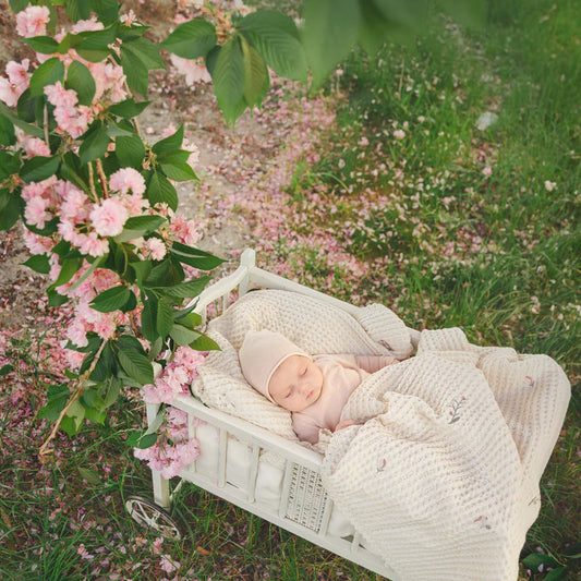 Peluche Floral Birds Embroidered Waffle Blanket - Pink