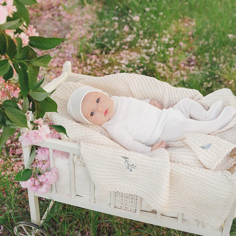 Peluche Floral Birds Embroidered Waffle Blanket - Blue