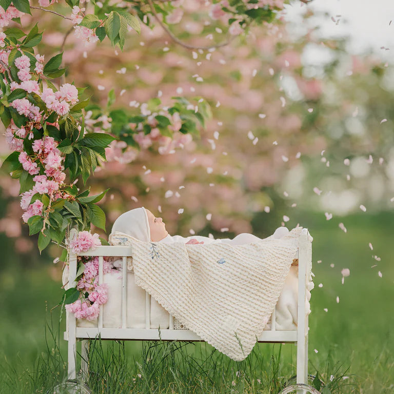 Peluche Floral Birds Embroidered Waffle Blanket - Blue