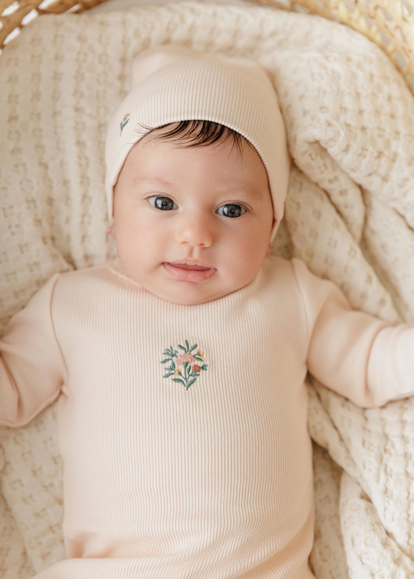 Ely's and Co Ribbed Floral Embroidered Collection Footie Set- Pink