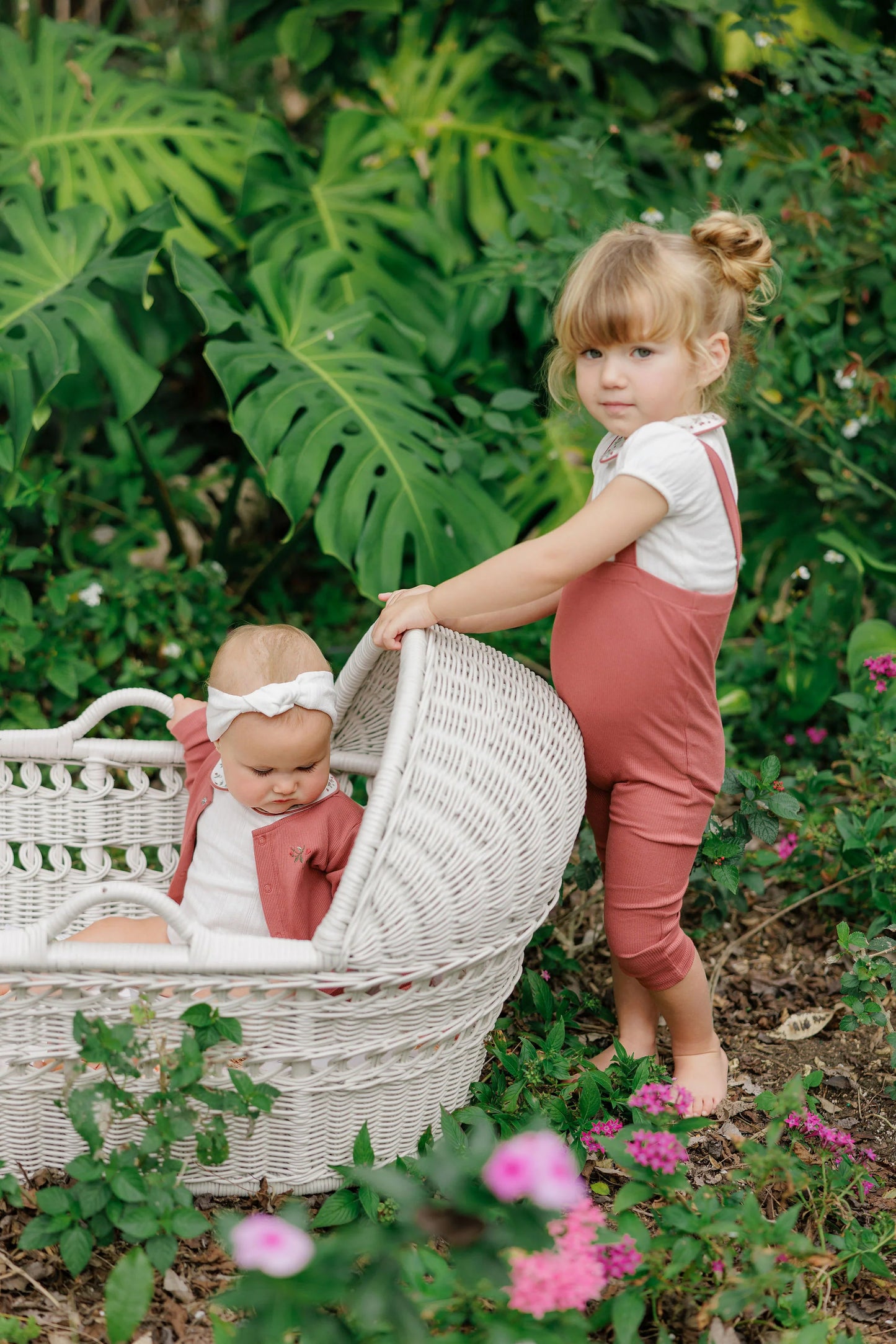Ely's and Co Floral Embroidered Collar Collection Overall and Cardigan Set- Ivory Pink