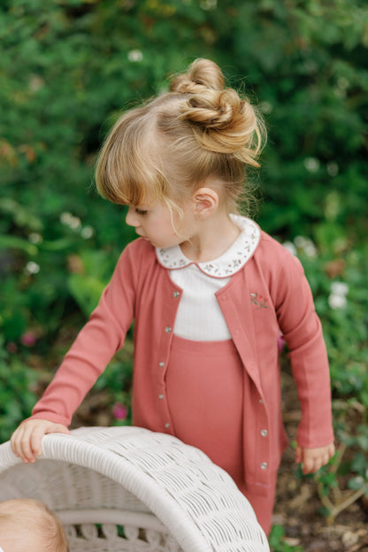 Ely's and Co Floral Embroidered Collar Collection Overall and Cardigan Set- Ivory Pink