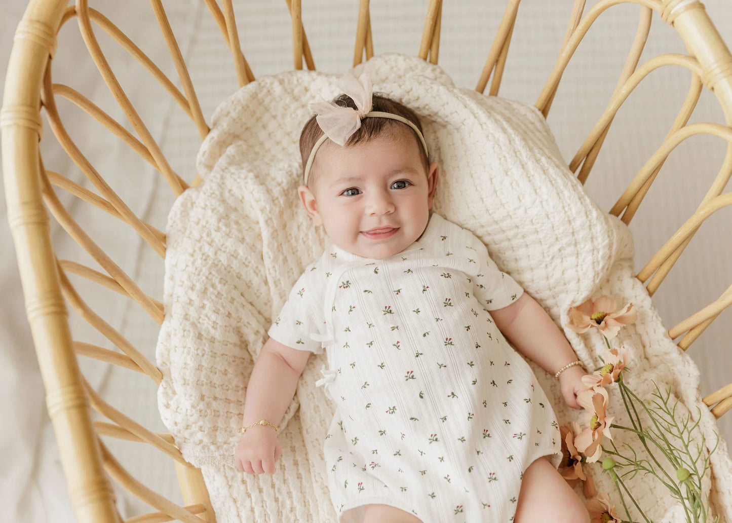Ely's and Co Floral Pointelle Collection Romper- Ivory Pink