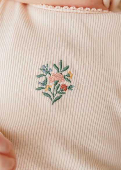 Ely's and Co Ribbed Floral Embroidered Collection Romper- Pink