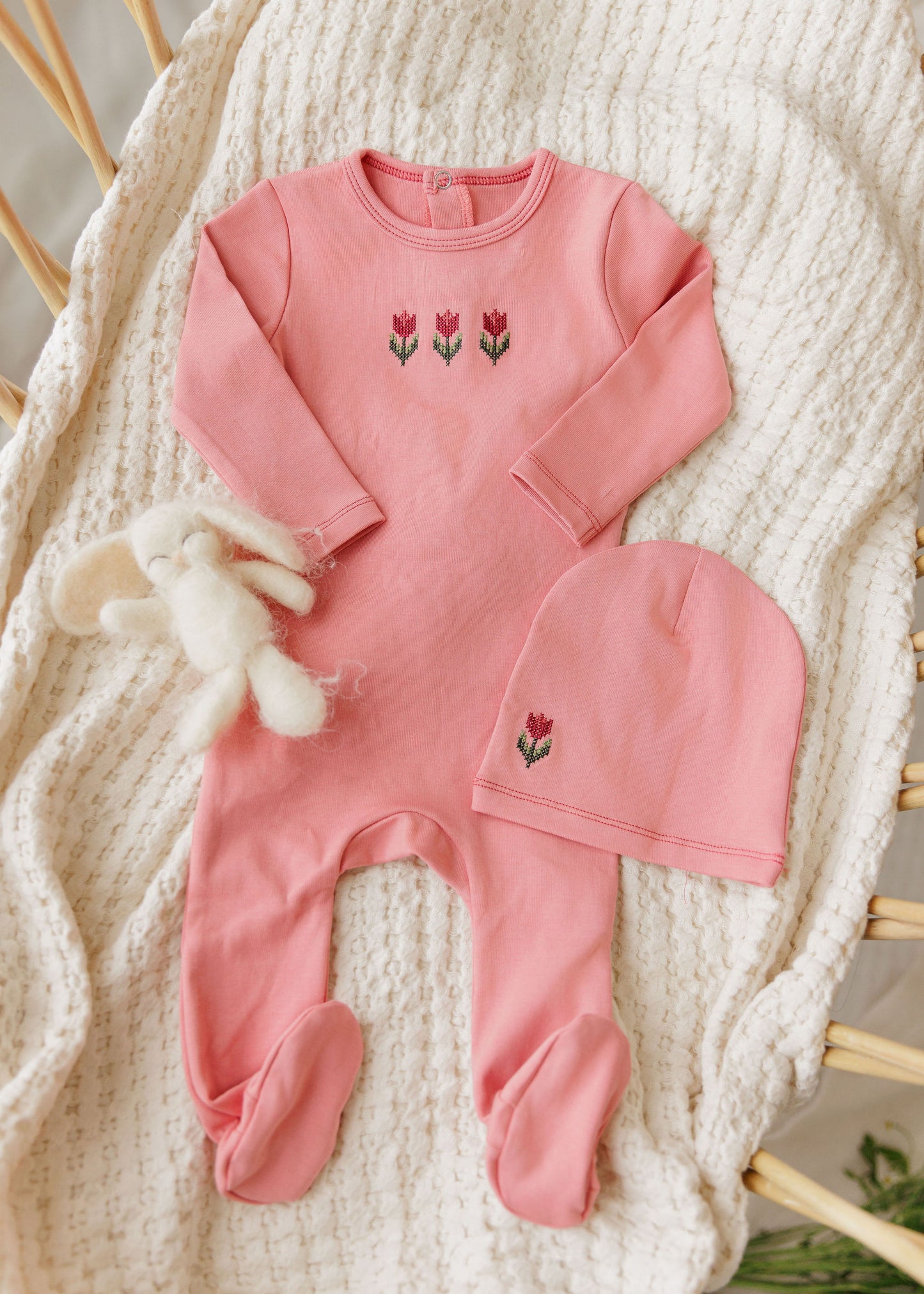 Aurora Cotton Crossstich Tulip Collection Footie - Pink