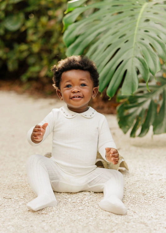 Looms Embroidered Trim Footie Set-Ivory/Blue