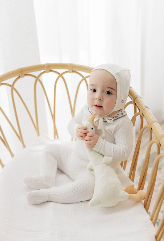 Ely's and Co Floral Embroidered Collar Collection Layette Set- Ivory Blue