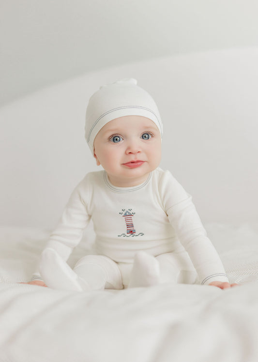 Aurora Cotton Crossstich Lighthouse Collection Layette Set- Ivory/Blue