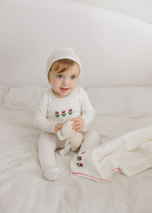 Aurora Cotton Crossstich Tulip Collection Layette Set- Ivory Pink