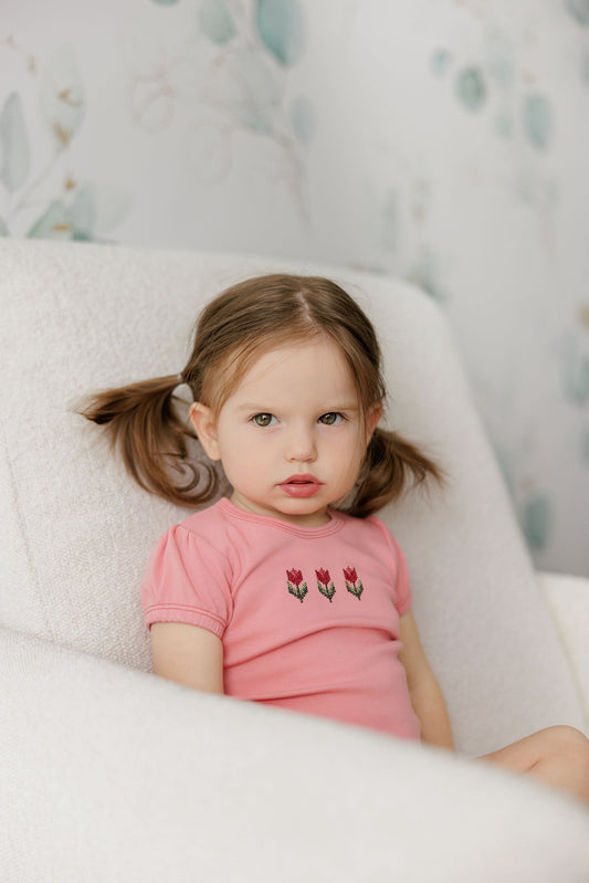 Aurora Cotton Crossstich Tulip Collection Tshirt and Bloomer Set- Pink