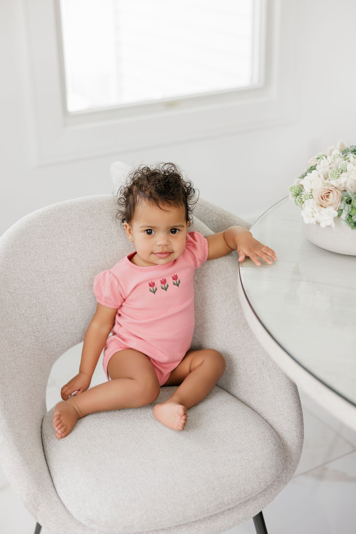 Aurora Cotton Crossstich Tulip Collection Romper- Pink