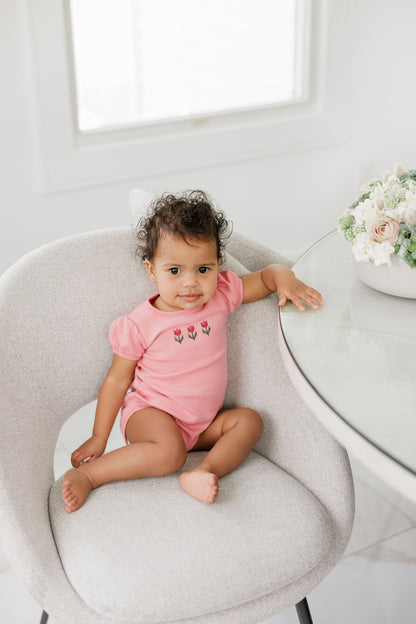 Aurora Cotton Crossstich Tulip Collection Romper- Pink
