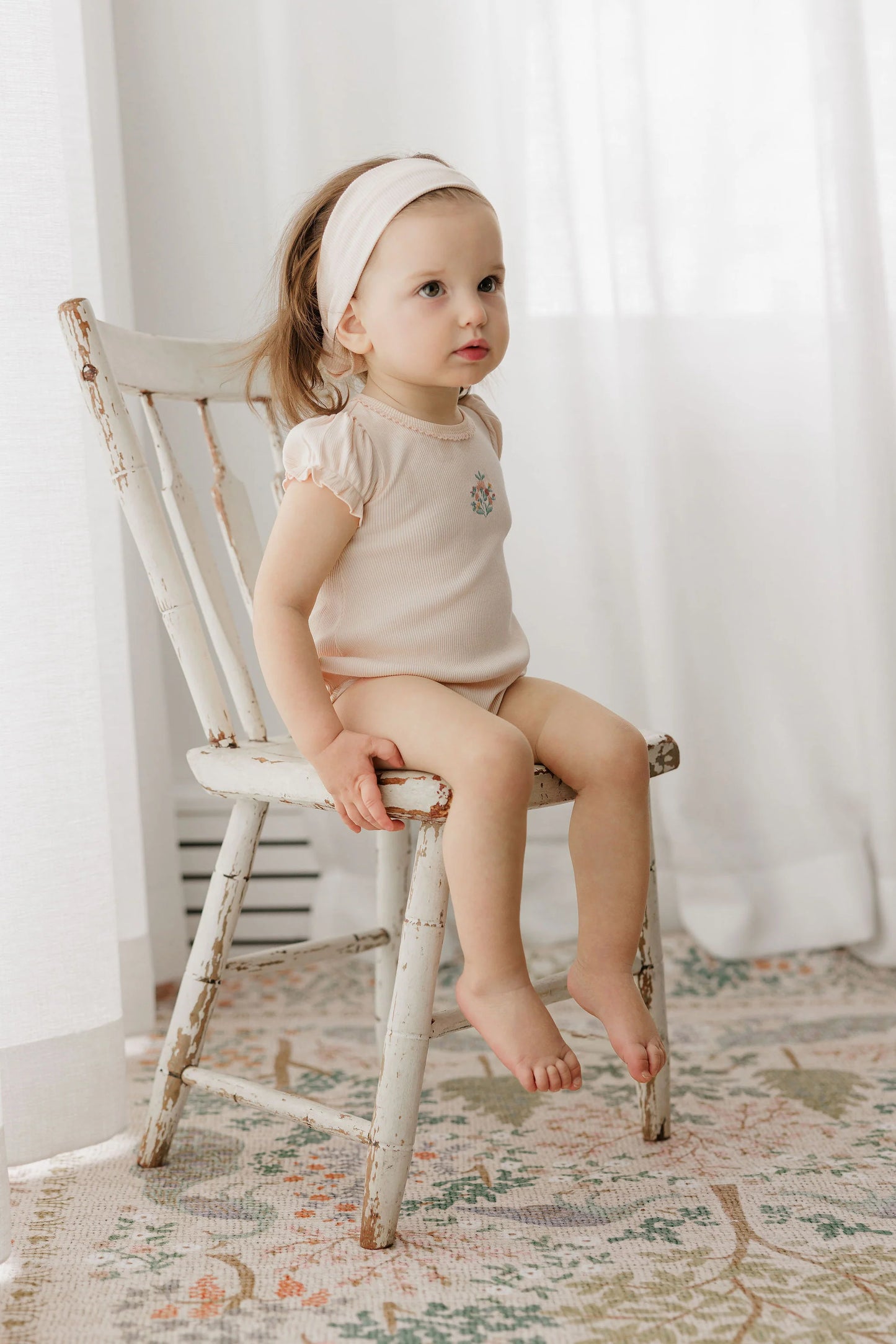 Ely's and Co Ribbed Floral Embroidered Collection Romper- Pink