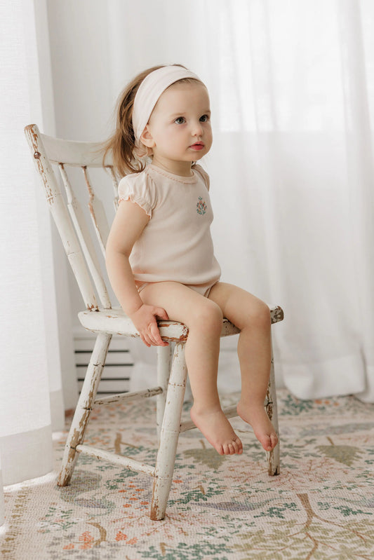 Ely's and Co Ribbed Floral Embroidered Collection Romper- Pink