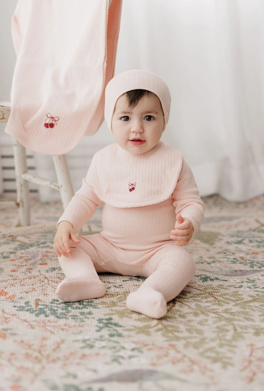 Aurora Pointelle Bow Print Collection Footie Set- Pink/Red