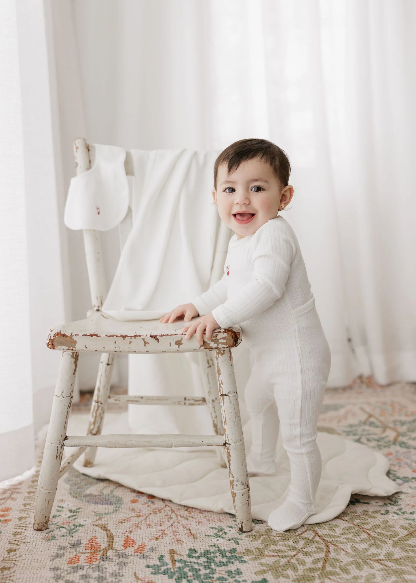 Aurora Pointelle Bow Print Collection Footie Set- Ivory Pink
