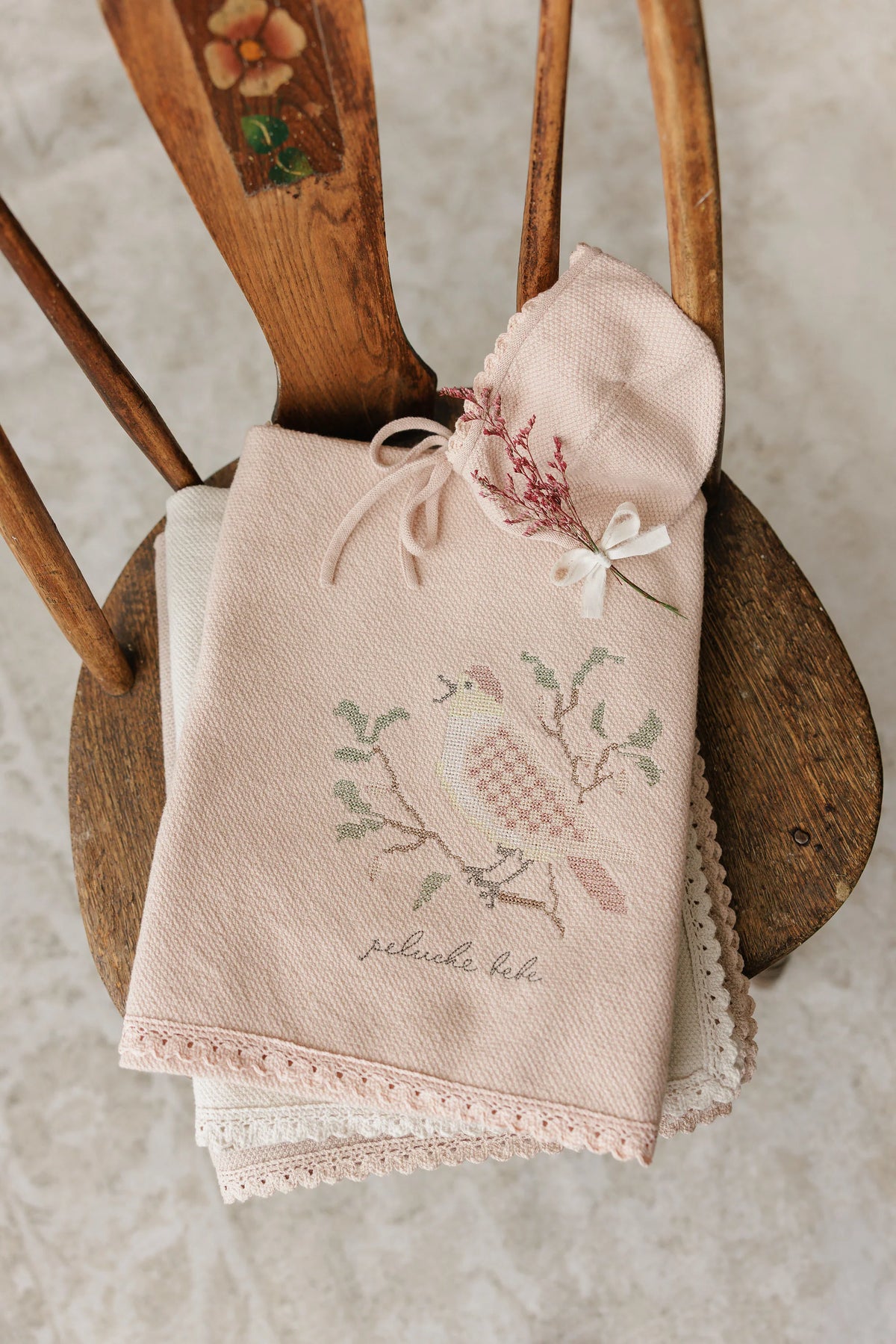 Peluche Knit Cross Stitch Blanket and Bonnet - Rose