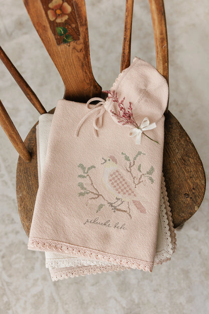 Peluche Knit Cross Stitch Blanket and Bonnet - Rose