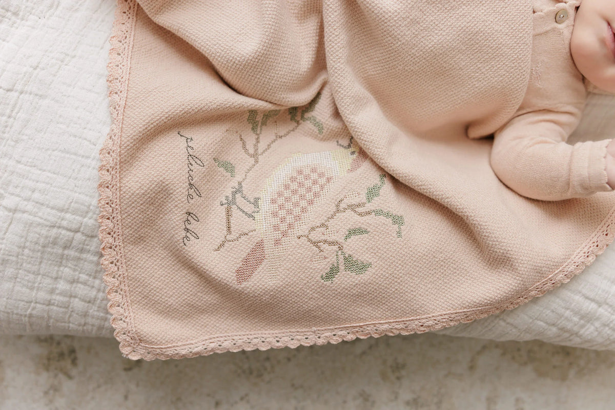 Peluche Knit Cross Stitch Blanket and Bonnet - Rose