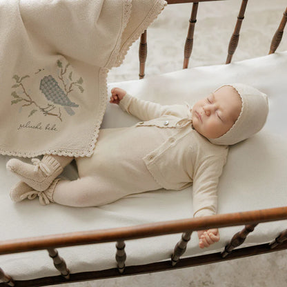 Peluche Knit Cross Stitch Blanket and Bonnet - Stone Blue
