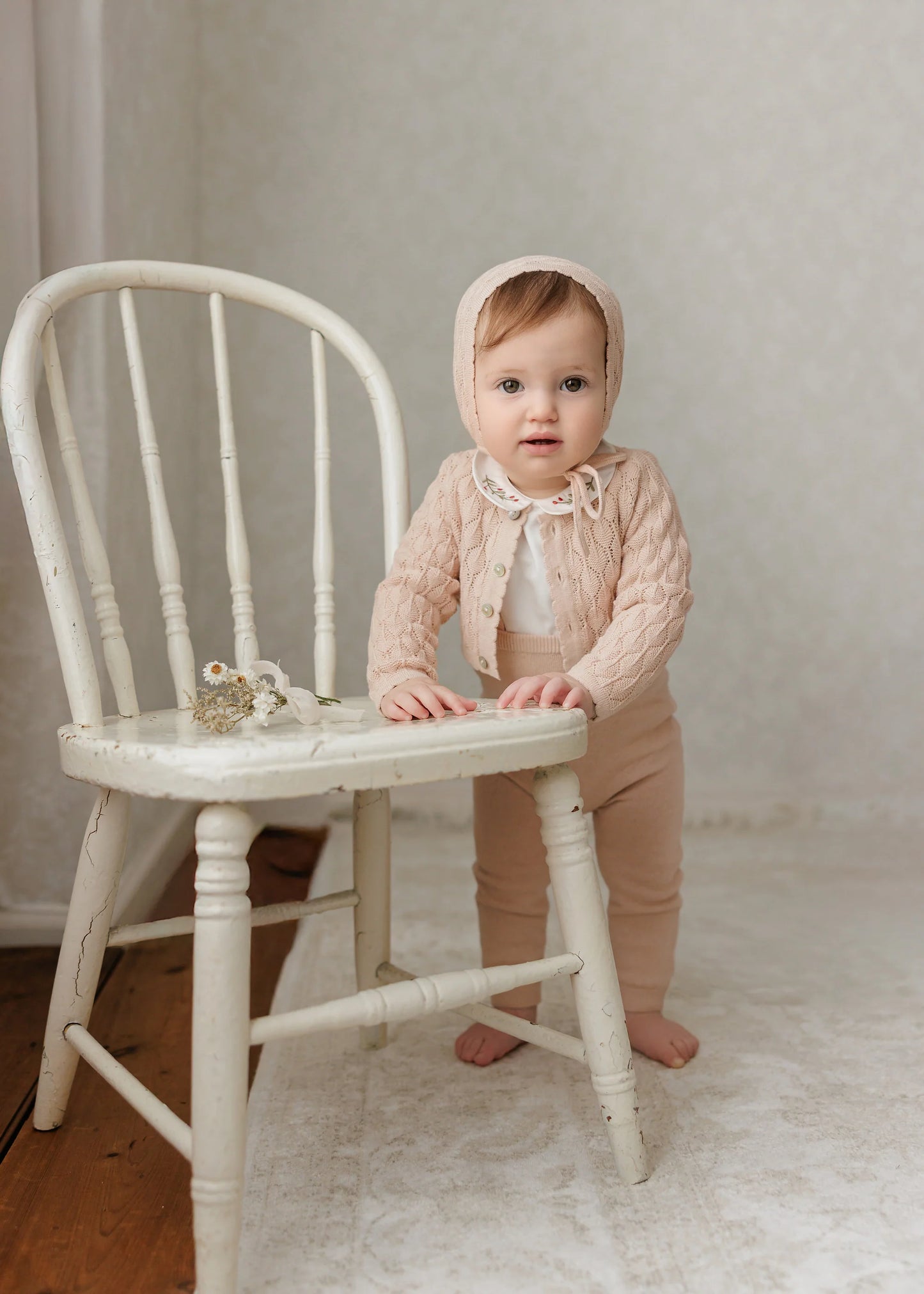Peluche Knit Pointelle Cropped Cardigan + Bonnet Set - Rose