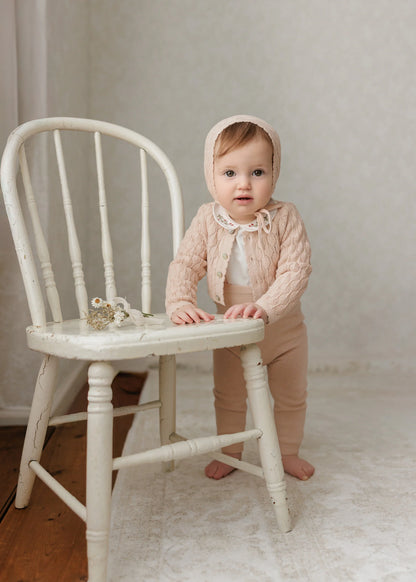 Peluche Knit Pointelle Cropped Cardigan + Bonnet Set - Rose