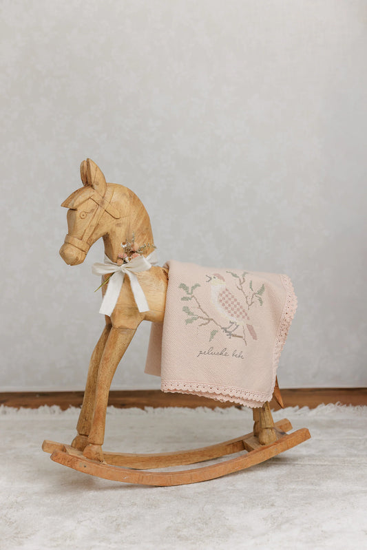 Peluche Knit Cross Stitch Blanket and Bonnet - Rose