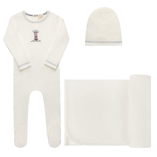 Aurora Cotton Crossstich Lighthouse Collection Layette Set- Ivory/Blue