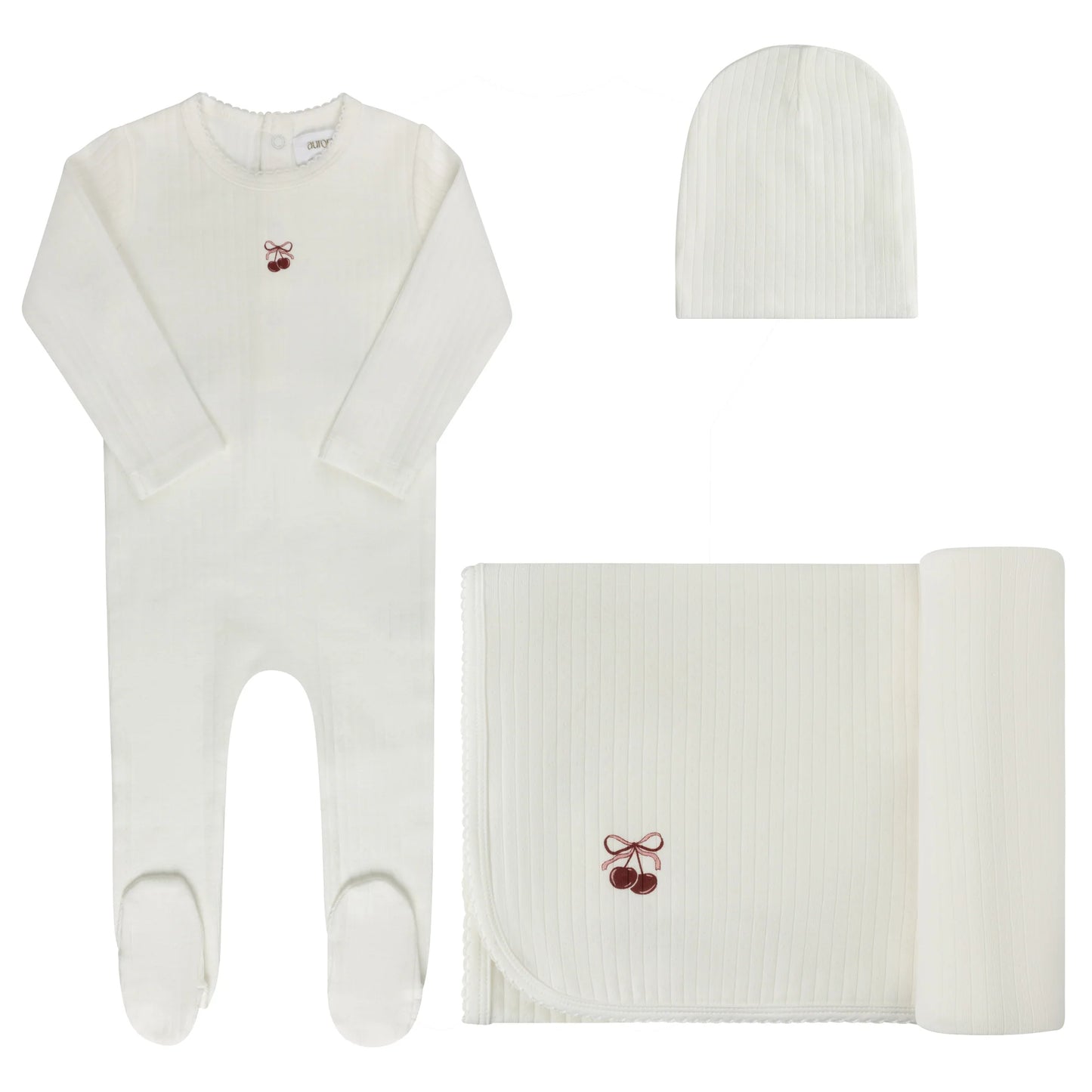 Aurora Pointelle Bow Print Collection Layette Set- Ivory Pink