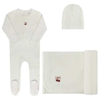 Aurora Pointelle Bow Print Collection Layette Set- Ivory Pink