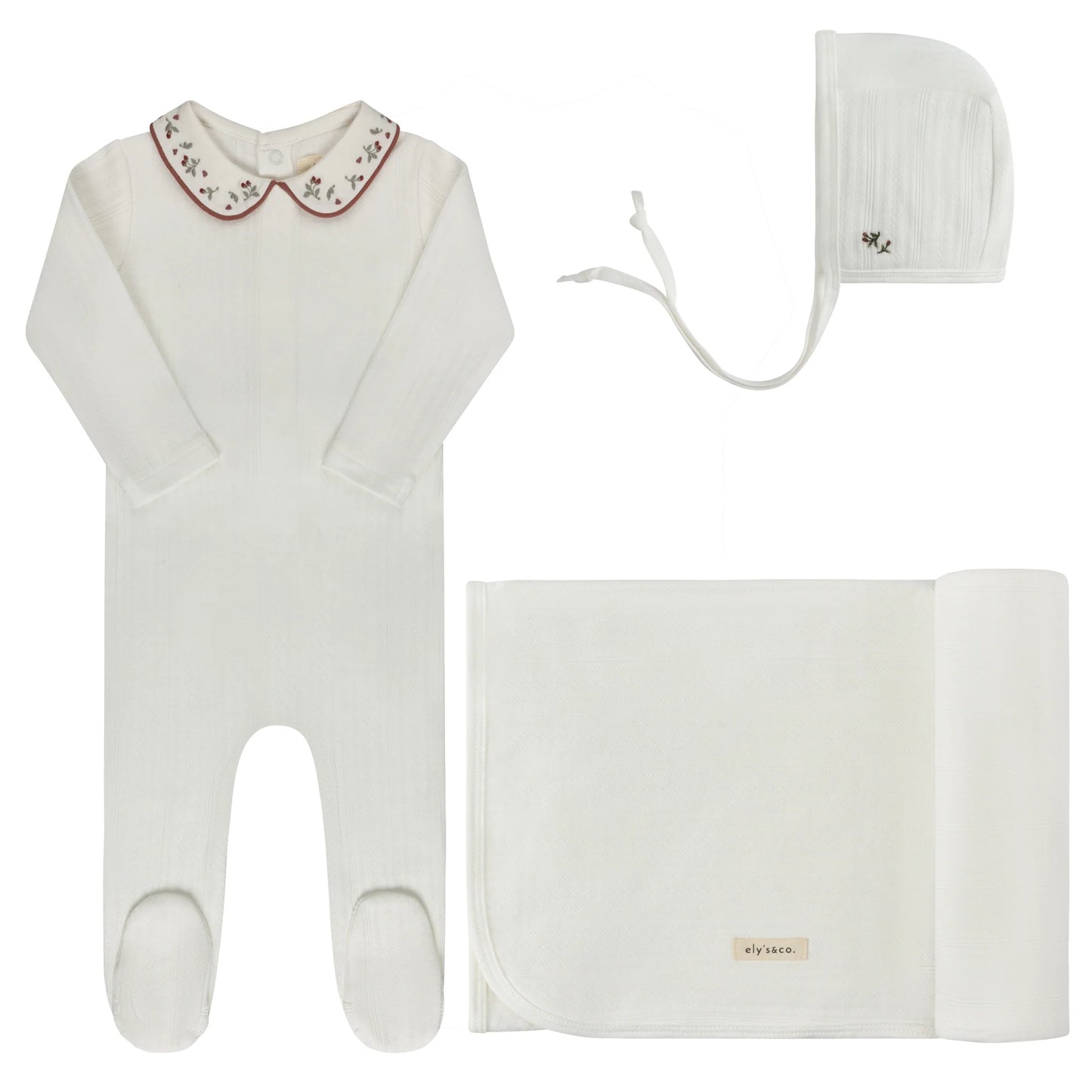 Ely's and Co Floral Embroidered Collar Collection Layette Set - Ivory Pink