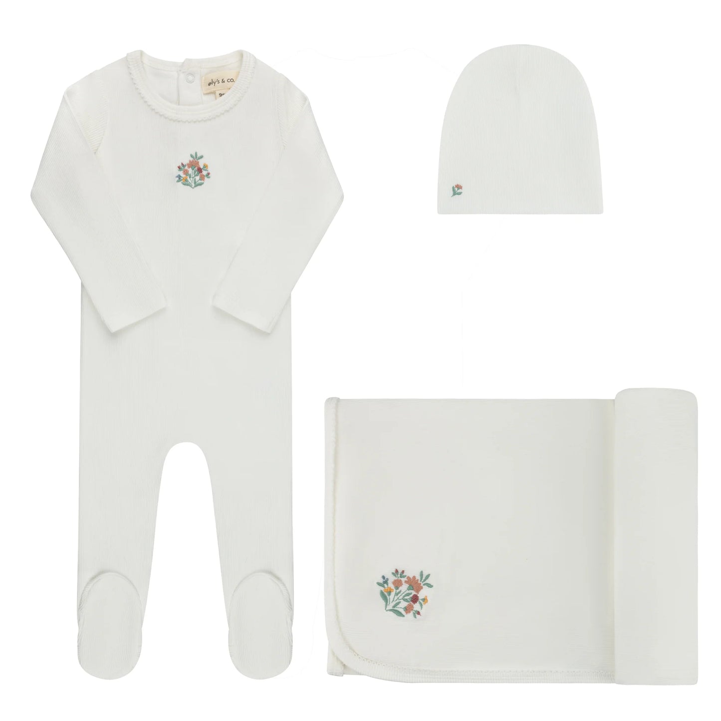 Ely's and Co Ribbed Floral Embroidered Collection Layette Set- Ivory