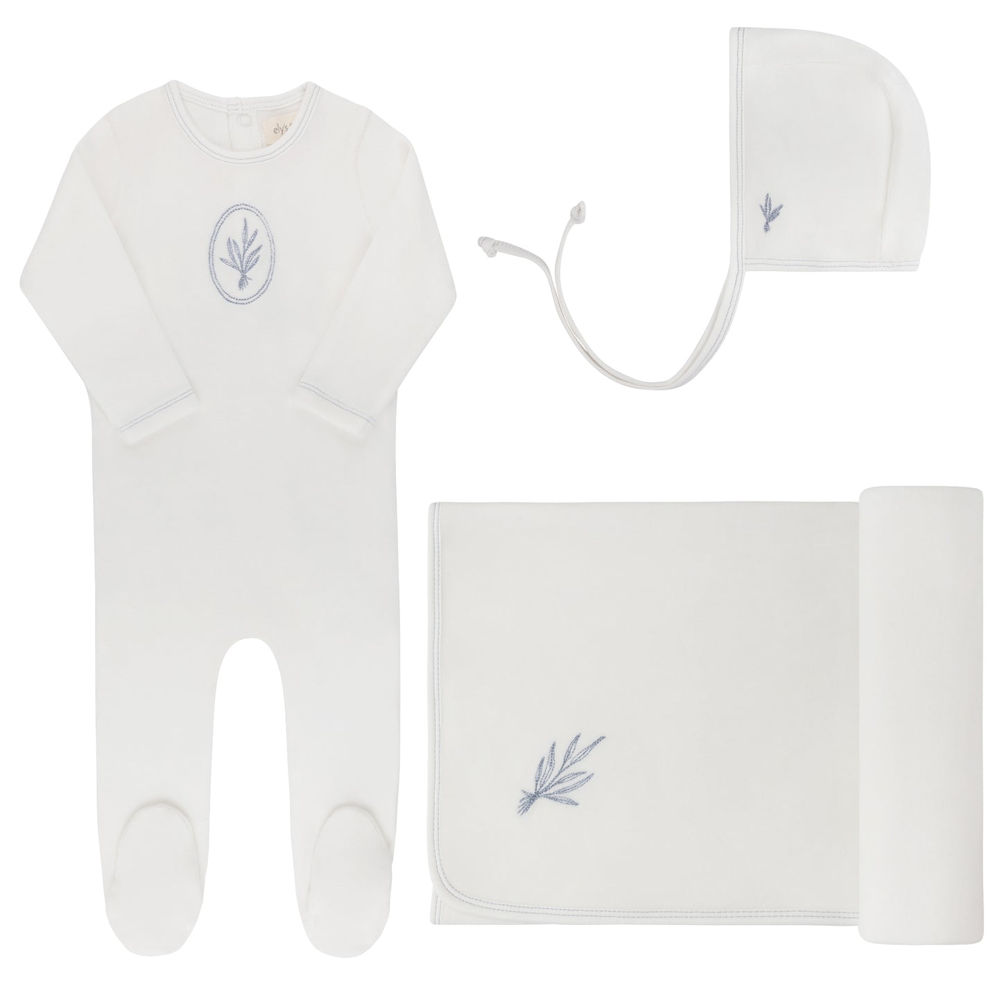Ely's and Co Ivory/Blue Velour Center Floral Collection Take Me Home Set