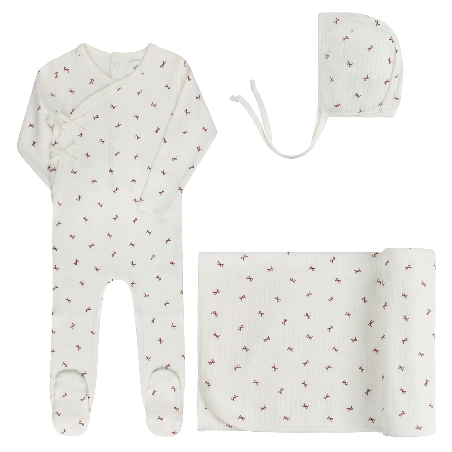 Aurora Bow Pattern Collection Layette Set- Ivory Red