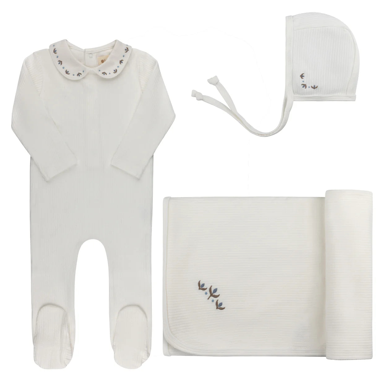 Looms Embroidered Trim Layette Set- Ivory/Blue