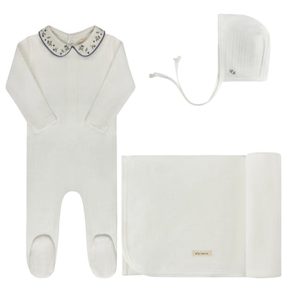 Ely's and Co Floral Embroidered Collar Collection Layette Set- Ivory Blue